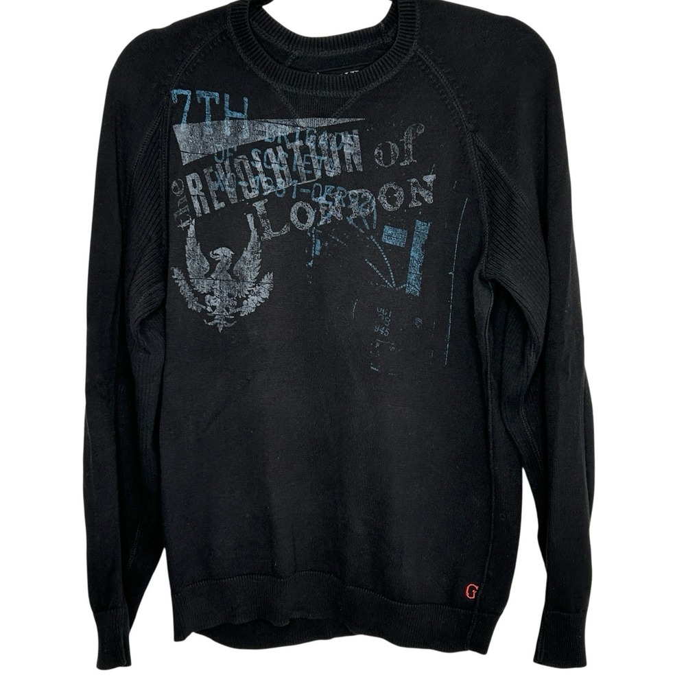 Guess Y2k Graphic Crewneck Sweater Men Medium Grunge Rock Punk Retro 2000s Black